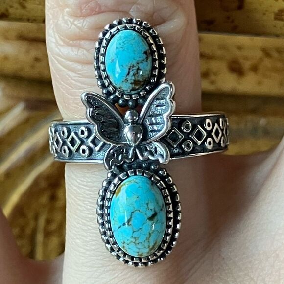Natural Blue Moon Turquoise Sterling Silver Butterfly Ring Size 7 - Picture 1 of 9